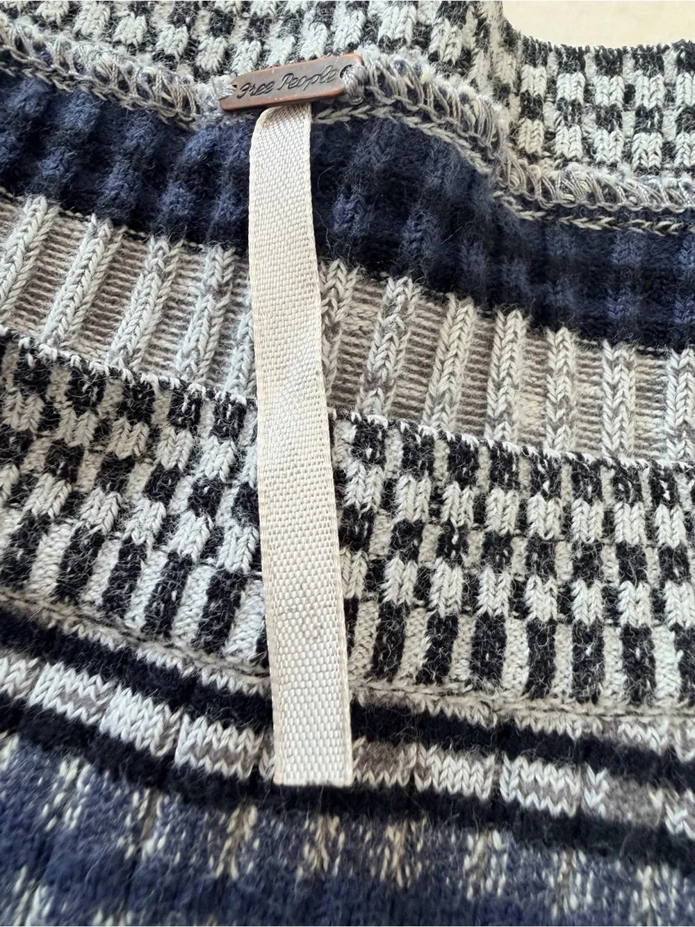 Free People Striped Textured Knit Sweater Top Gray Blue Cap Sleeve Boho
